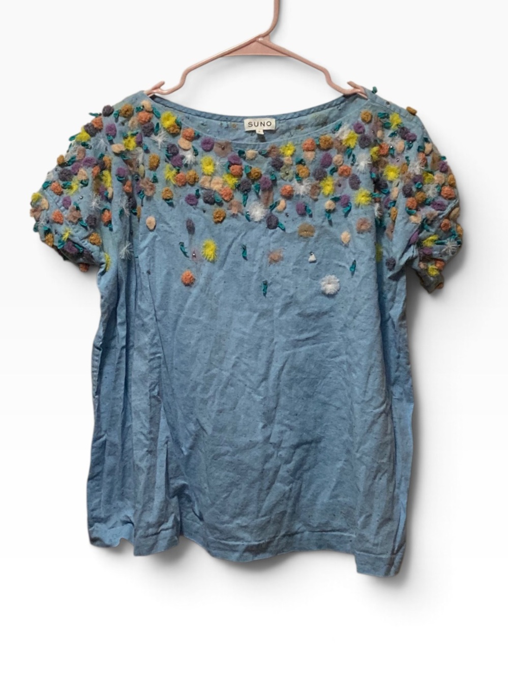 SUNO Light Blue Short Sleeve Tee with Multicolor Pom-Pom Floral Applique Detail